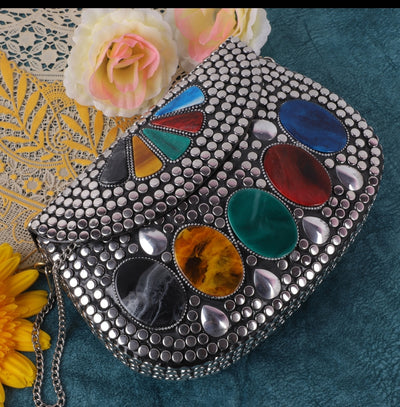 PARATO Silver Stone-Embellished Clutch — Handcrafted Metal Evening Bag