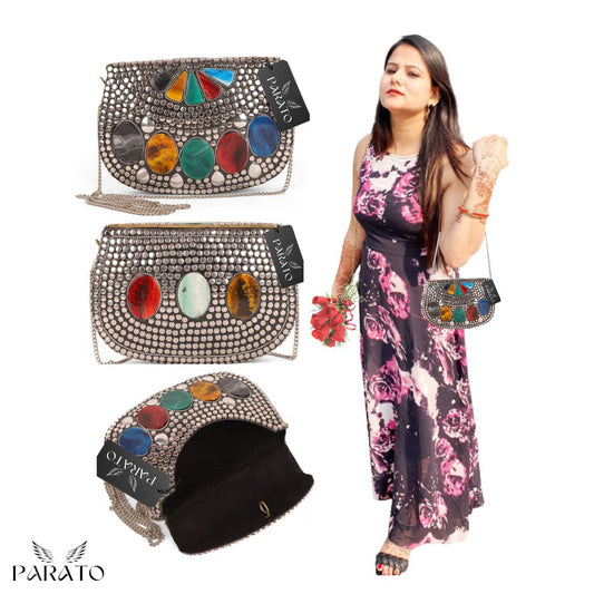 PARATO Silver Stone-Embellished Clutch — Handcrafted Metal Evening Bag