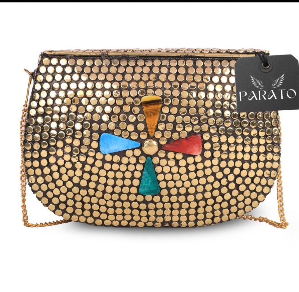 PARATO Gold Stone-Embellished Clutch — Handcrafted Metal Bridal Bag