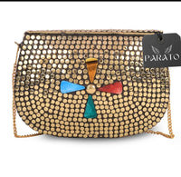 PARATO Gold Stone-Embellished Clutch — Handcrafted Metal Bridal Bag
