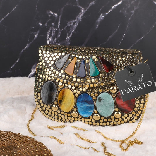 PARATO Gold Stone-Embellished Clutch — Handcrafted Metal Bridal Bag