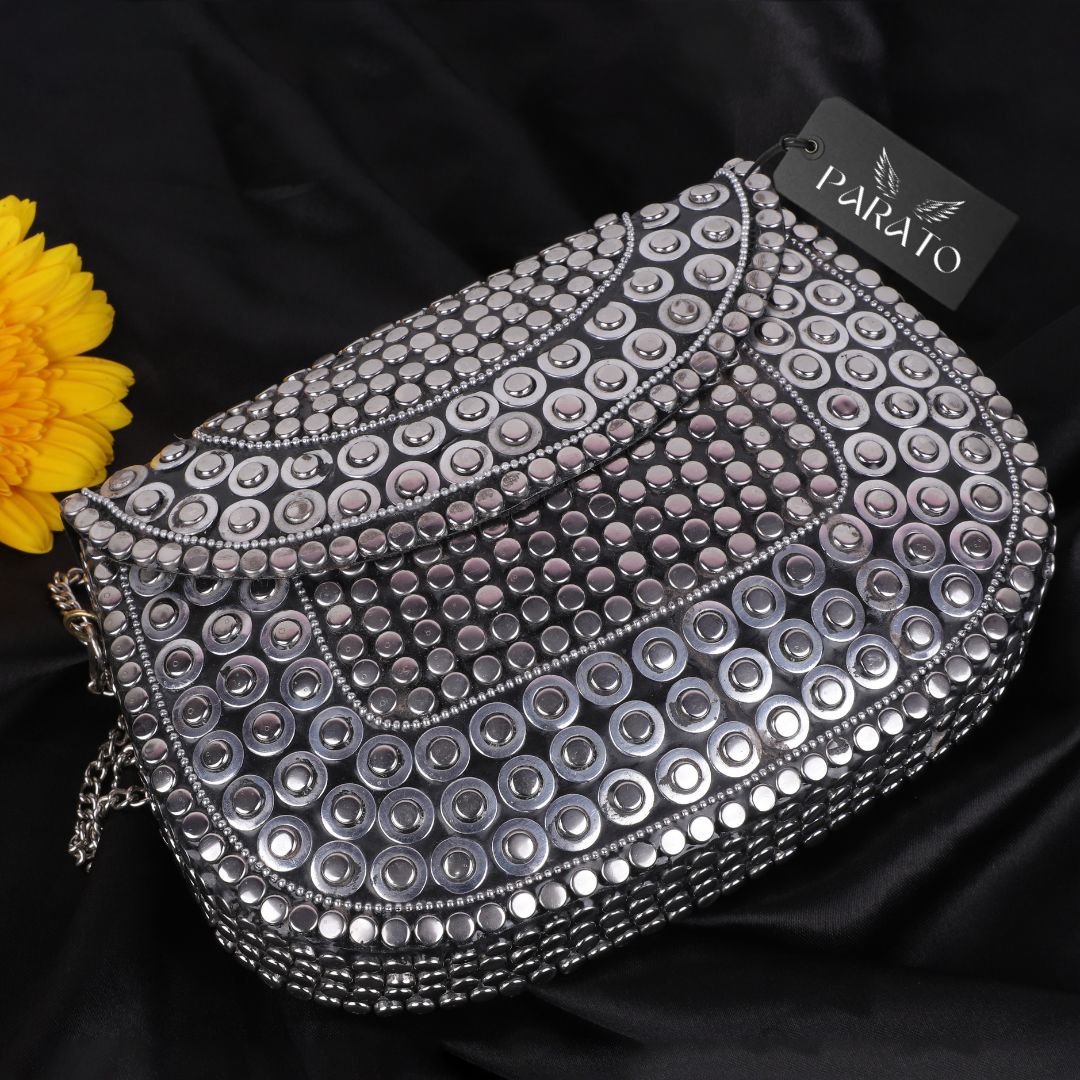 PARATO Silver Dotted Clutch — Handcrafted Textured Metal Evening Bag