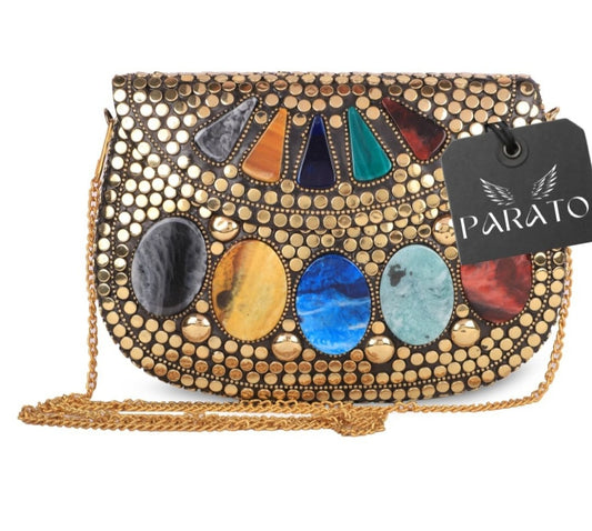 PARATO Gold Stone-Embellished Clutch — Handcrafted Metal Bridal Bag