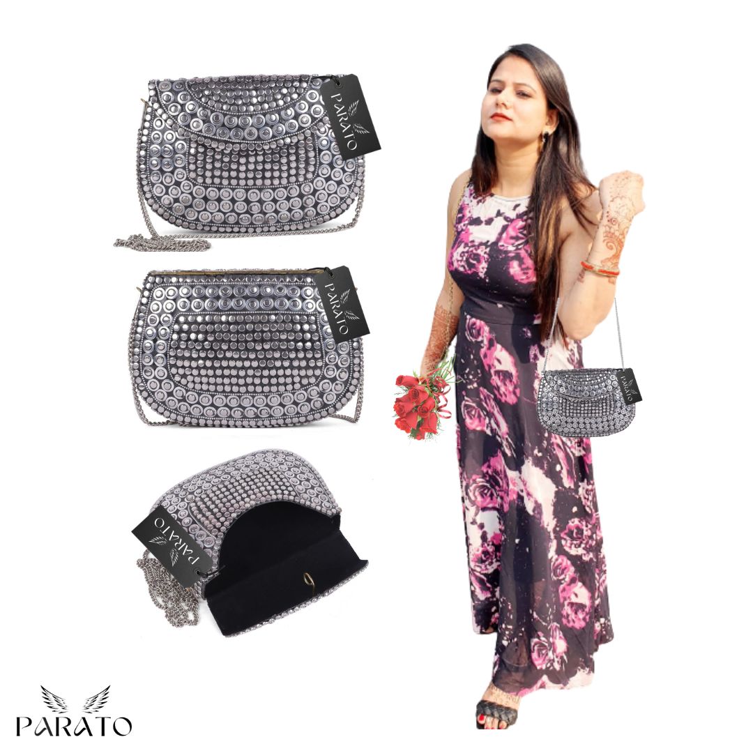 PARATO Silver Dotted Clutch — Handcrafted Textured Metal Evening Bag